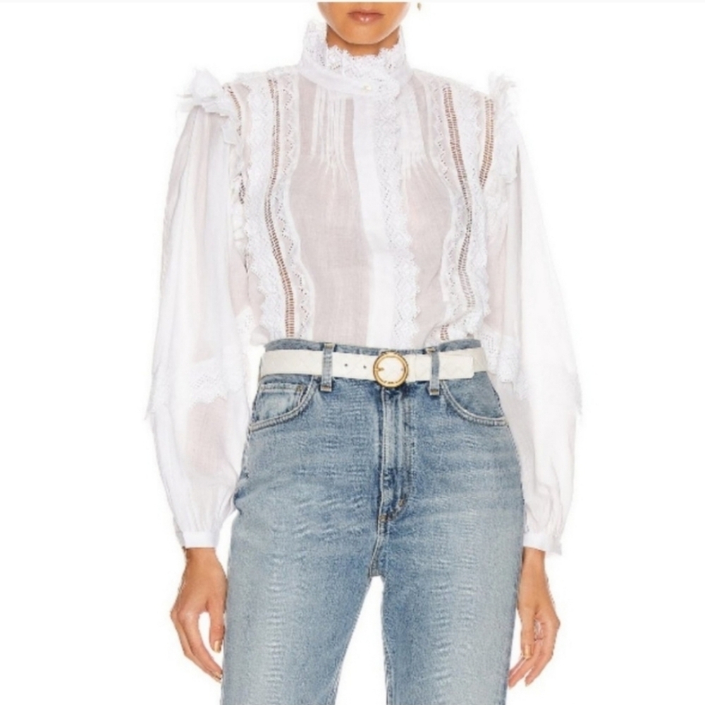 Frame Natalie White Embroidered Ramie Ling Sleeve Top Size Small